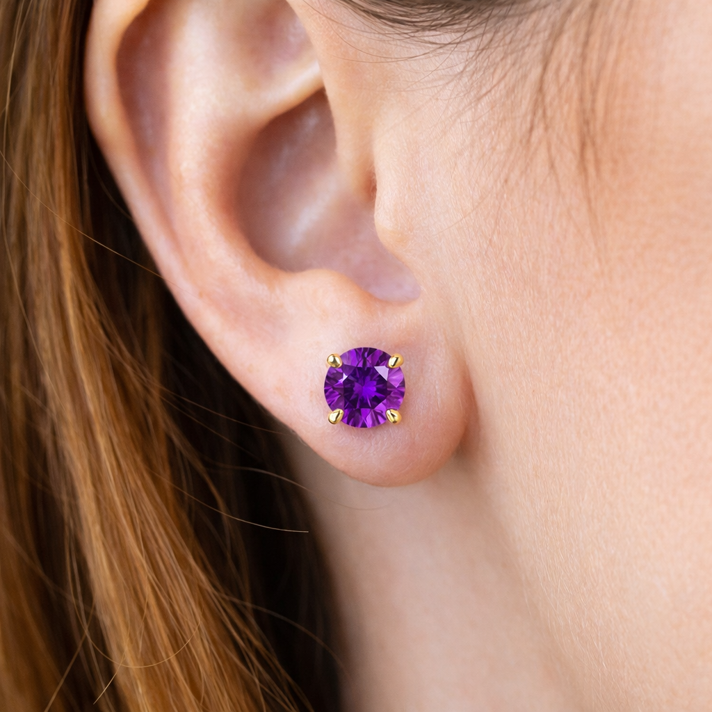 6mm Amethyst February Birthstone Stud Earrings in 14K Yellow Gold – Push Back