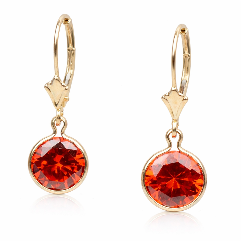 8mm Garnet Round Birthstone Dangle Leverback Earrings in 14K Yellow Gold