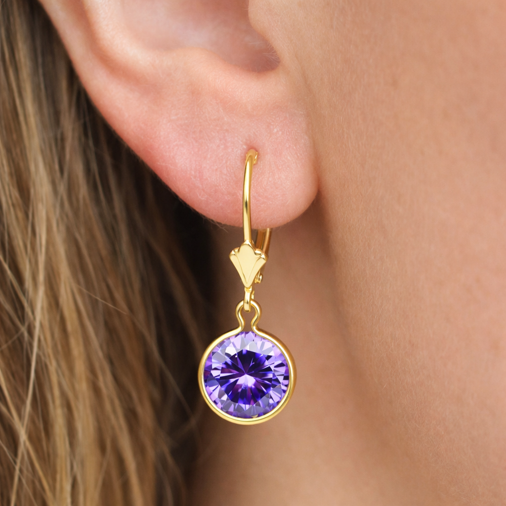 8mm Amethyst Birthstone Dangle Leverback Earrings 14K Yellow Gold