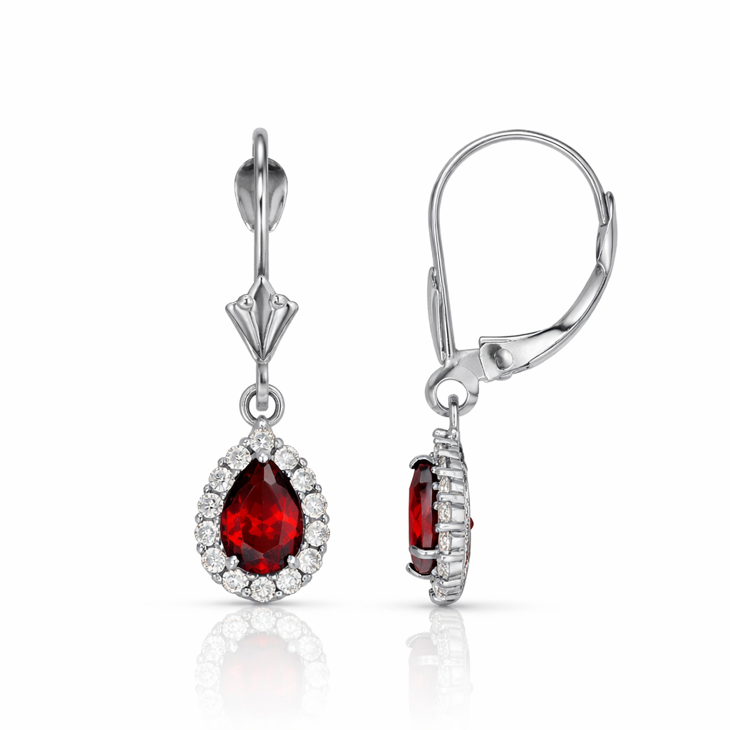 6×4mm Pear Shape Garnet Halo Dangle Leverback Earrings in 14K White Gold