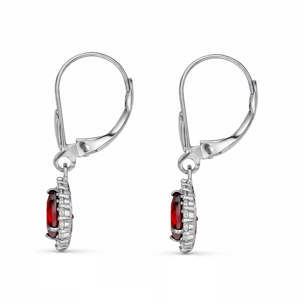 6×4mm Pear Shape Garnet Halo Dangle Leverback Earrings in 14K White Gold