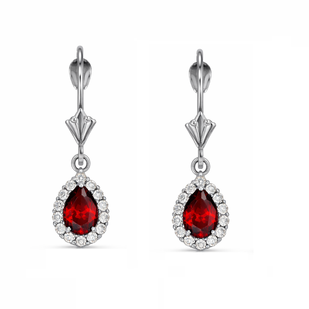 6×4mm Pear Shape Garnet Halo Dangle Leverback Earrings in 14K White Gold