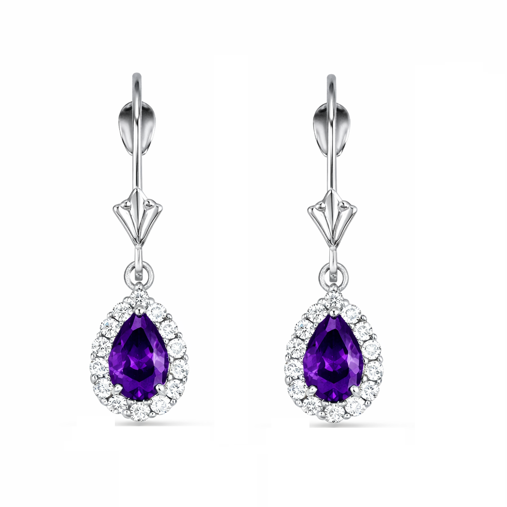 6×4mm Halo Amethyst Diamond Dangle Leverback Earrings in 14K White Gold - February Birthstone