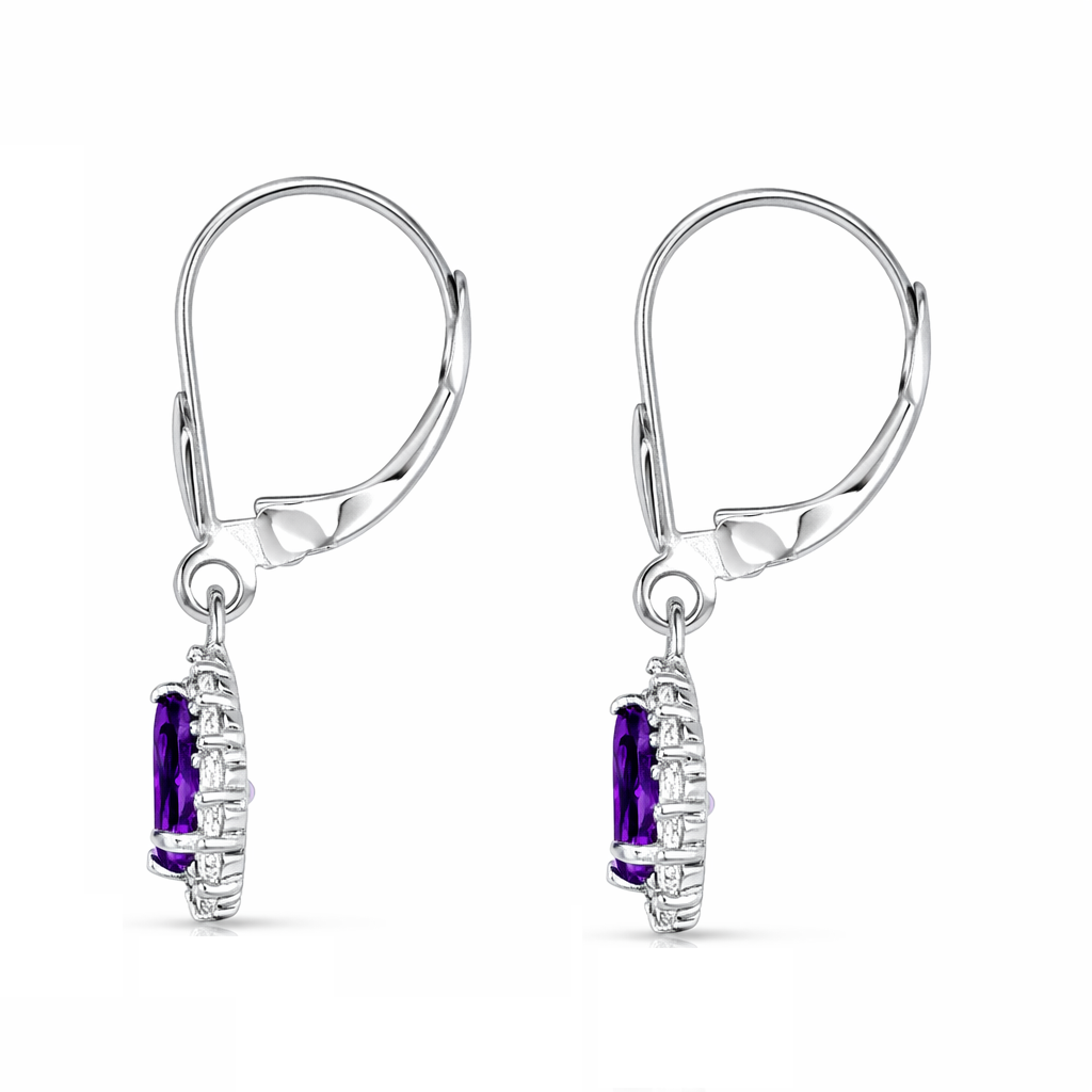 6×4mm Halo Amethyst Diamond Dangle Leverback Earrings in 14K White Gold - February Birthstone