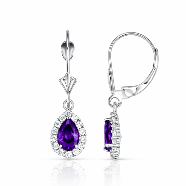 6 4mm Halo Amethyst Diamond Dangle Leverback Earrings In 14k White Gold February Birthstone