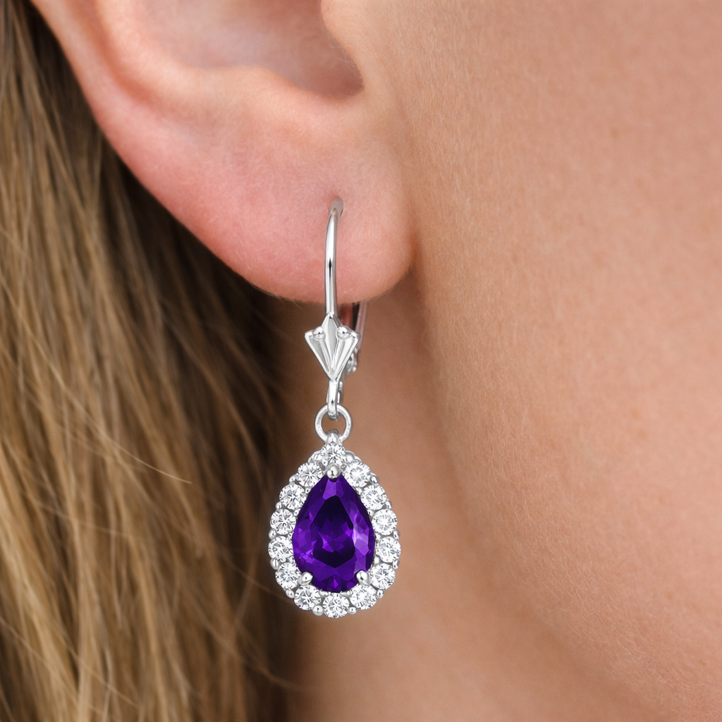 6×4mm Halo Amethyst Diamond Dangle Leverback Earrings in 14K White Gold - February Birthstone