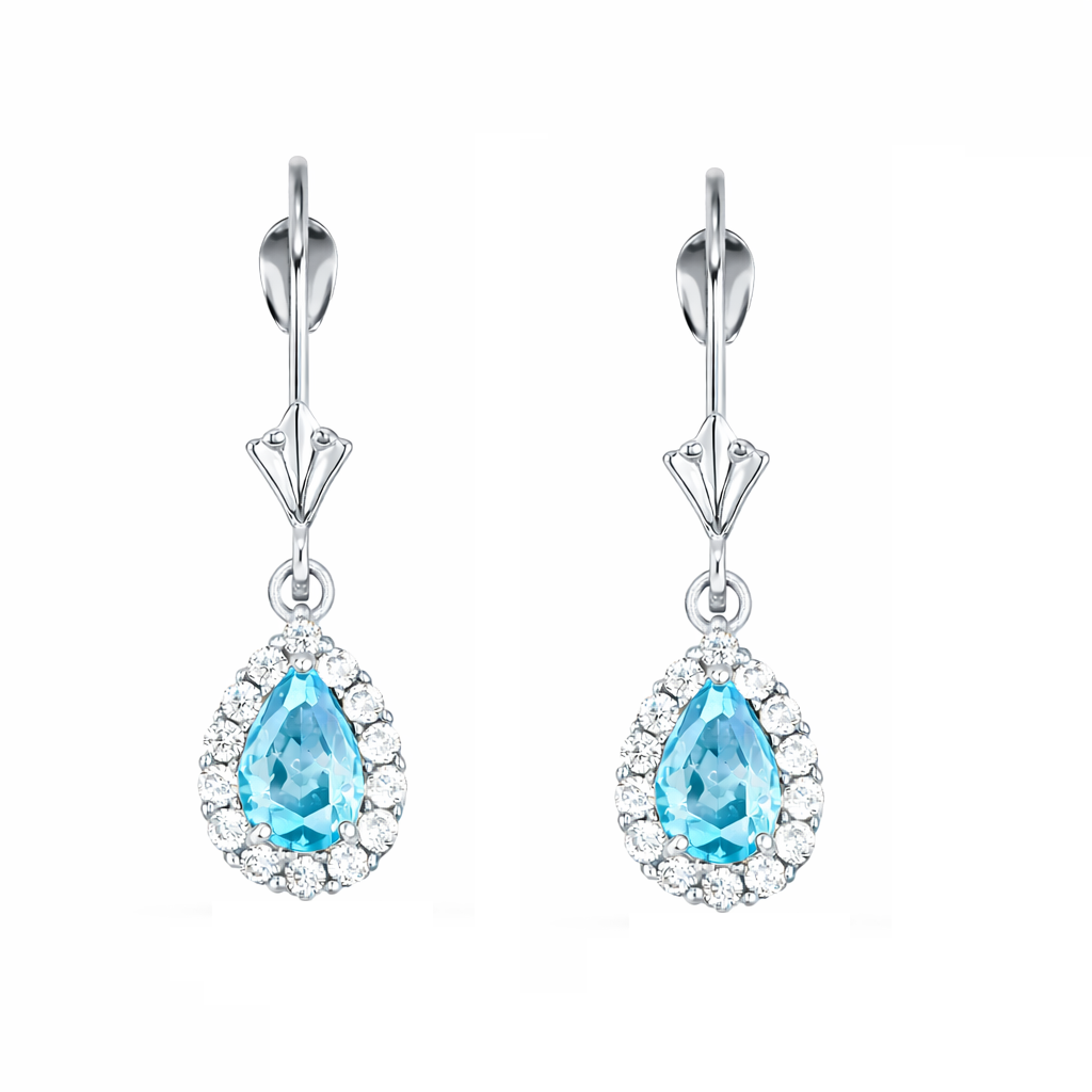 6×4mm Aquamarine Diamond Halo Dangle Leverback Earrings in 14K White Gold