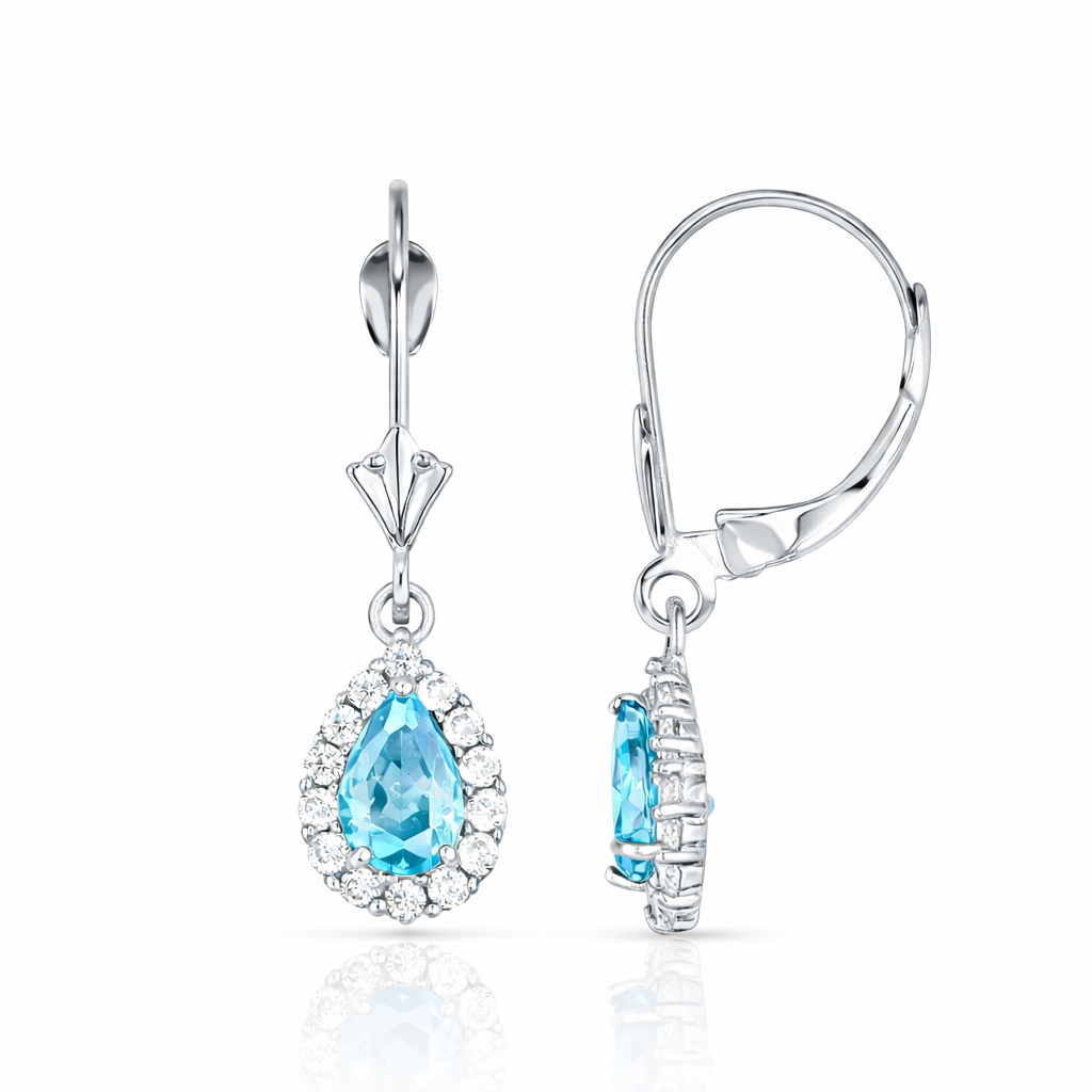 6×4mm Aquamarine Diamond Halo Dangle Leverback Earrings in 14K White Gold