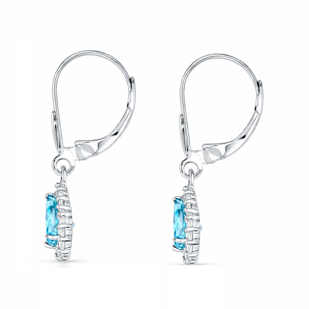 6×4mm Aquamarine Diamond Halo Dangle Leverback Earrings in 14K White Gold