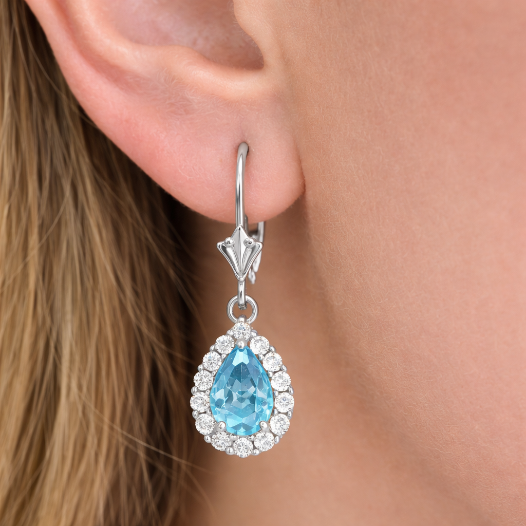 6×4mm Aquamarine Diamond Halo Dangle Leverback Earrings in 14K White Gold