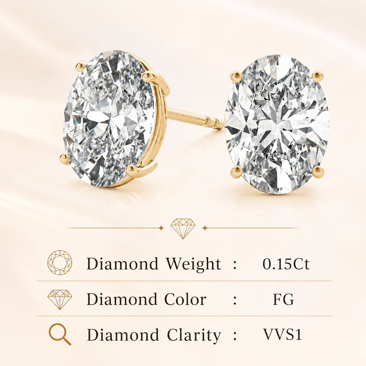 0.15Ct Oval Stud Earrings In 14K Solid Yellow White & Rose Gold