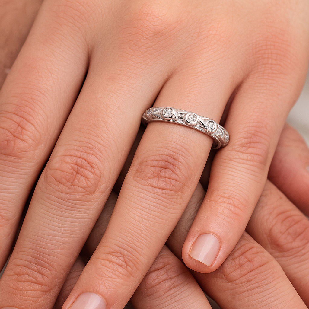 0.07 Ct Bezel Diamond Wedding Band 14K White Gold Jewelry