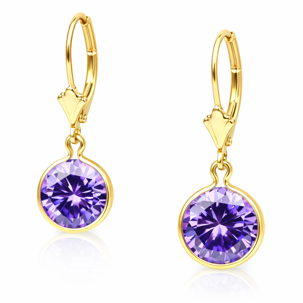 8mm Amethyst Birthstone Dangle Leverback Earrings 14K Yellow Gold