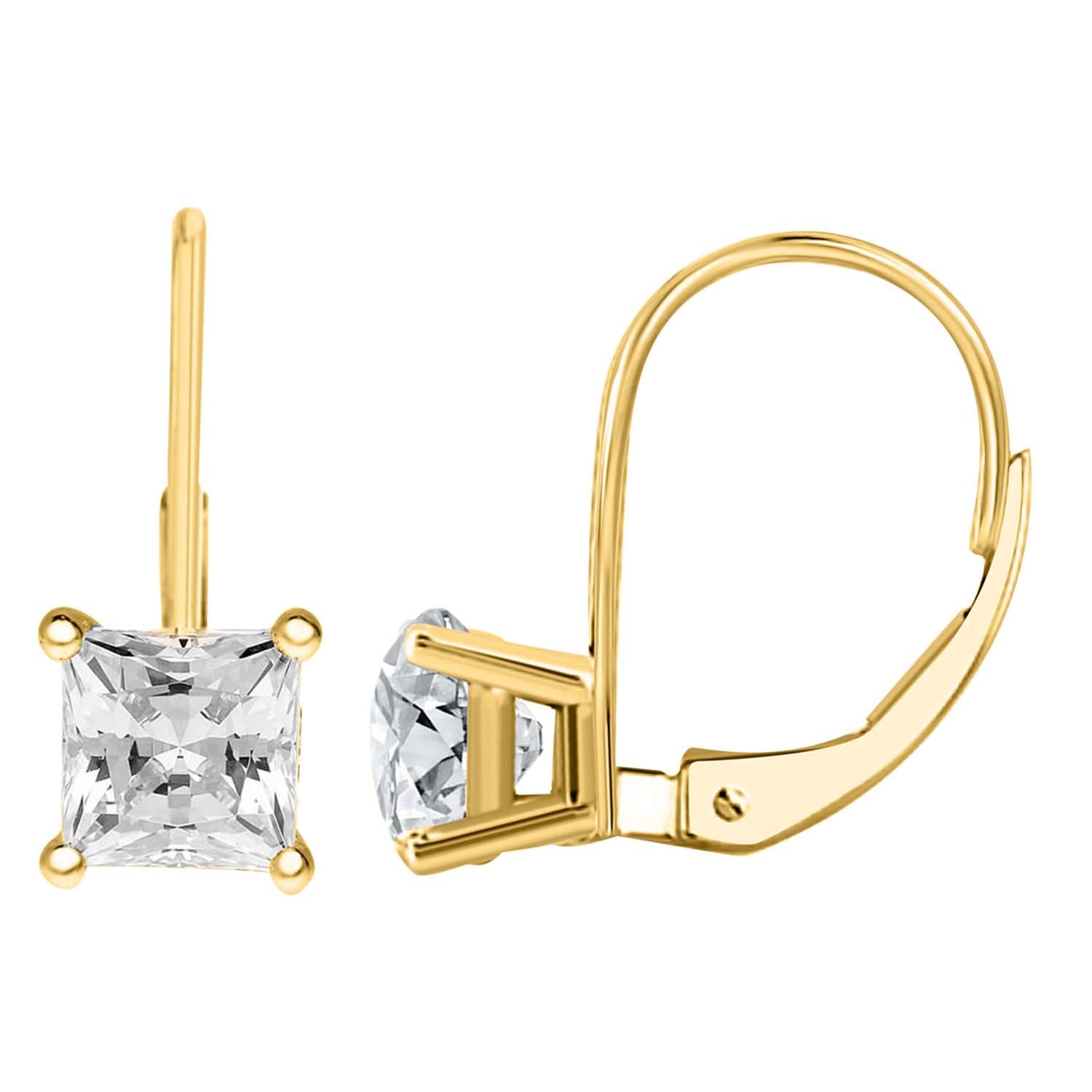 0.25Ct Princess Diamond Dangle Leverback Earrings In 14K Gold
