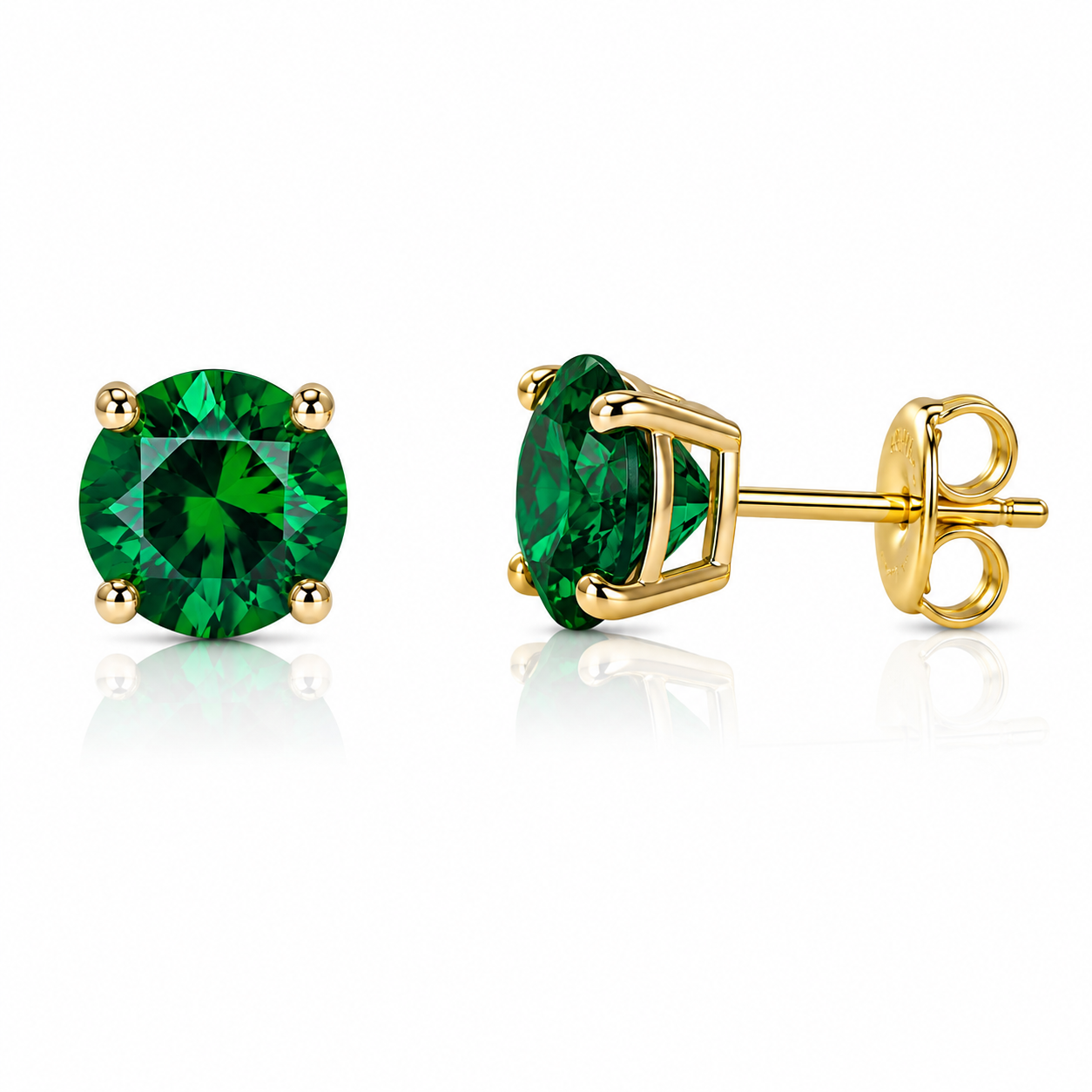 5mm Round Synthetic Emerald Gemstone Stud Earrings in 14K Solid Yellow Gold | Push Back Solitaire Earrings | May Birthstone | Free Gift Box