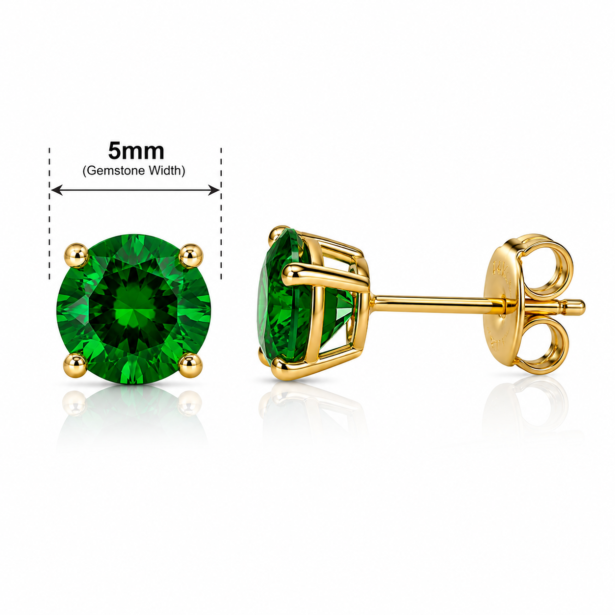 5mm Round Synthetic Emerald Gemstone Stud Earrings in 14K Solid Yellow Gold | Push Back Solitaire Earrings | May Birthstone | Free Gift Box