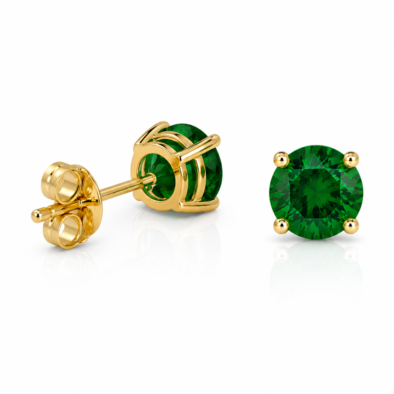5mm Round Synthetic Emerald Gemstone Stud Earrings in 14K Solid Yellow Gold | Push Back Solitaire Earrings | May Birthstone | Free Gift Box