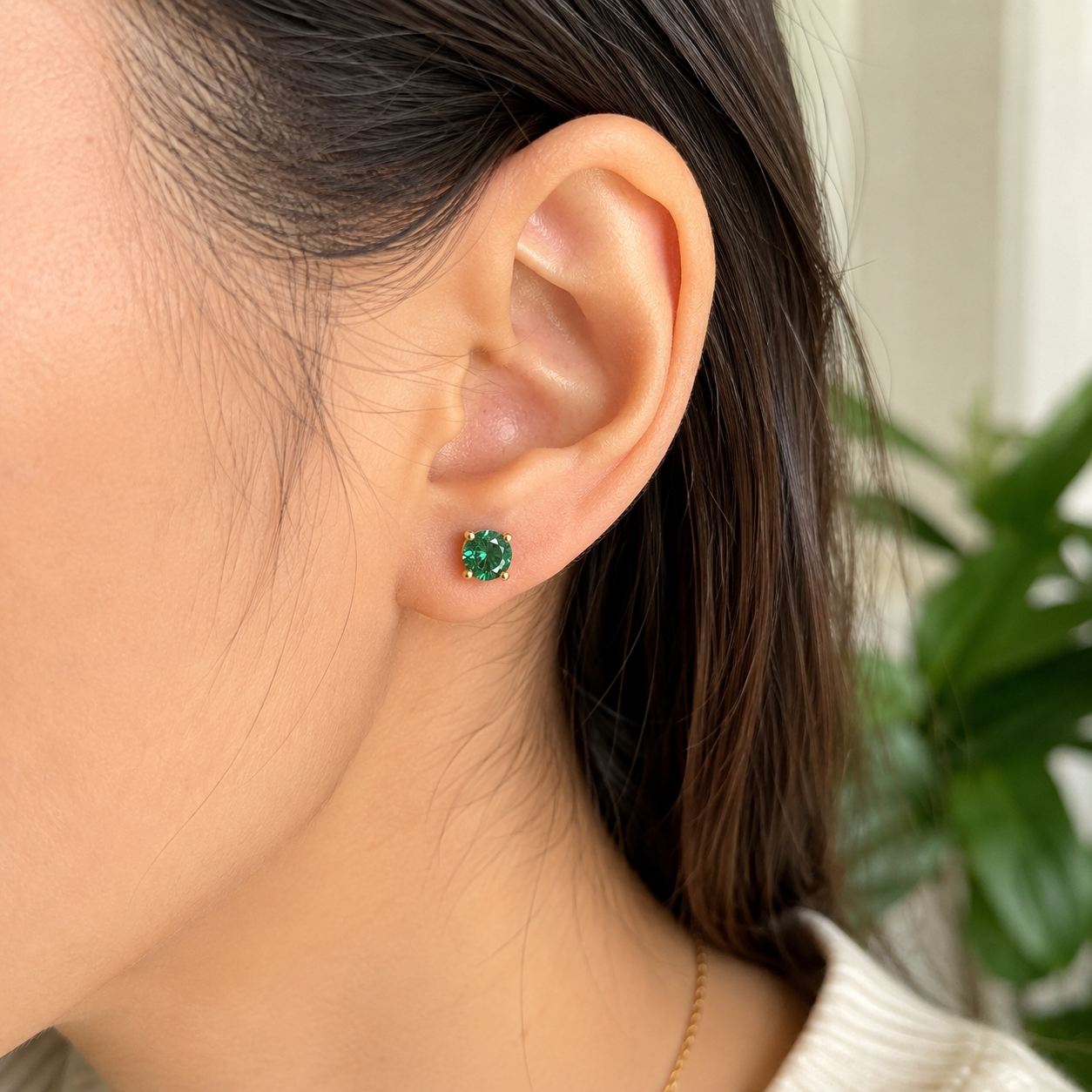 5mm Round Synthetic Emerald Gemstone Stud Earrings in 14K Solid Yellow Gold | Push Back Solitaire Earrings | May Birthstone | Free Gift Box
