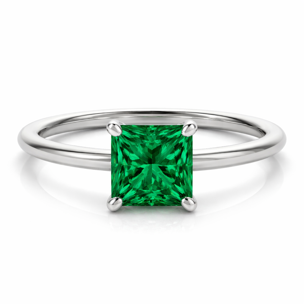 0.75 CT Emerald Solitaire Engagement Ring in 14K Solid White Gold