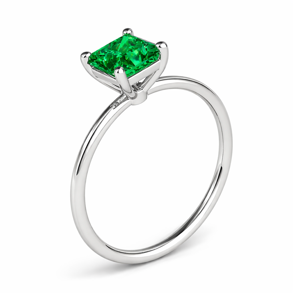 0.75 CT Emerald Solitaire Engagement Ring in 14K Solid White Gold