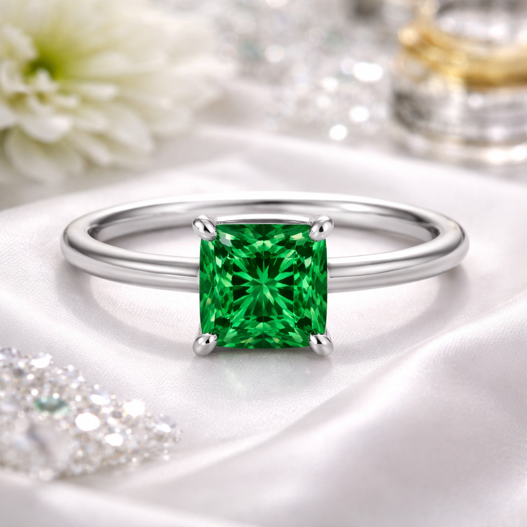 0.75 CT Emerald Solitaire Engagement Ring in 14K Solid White Gold
