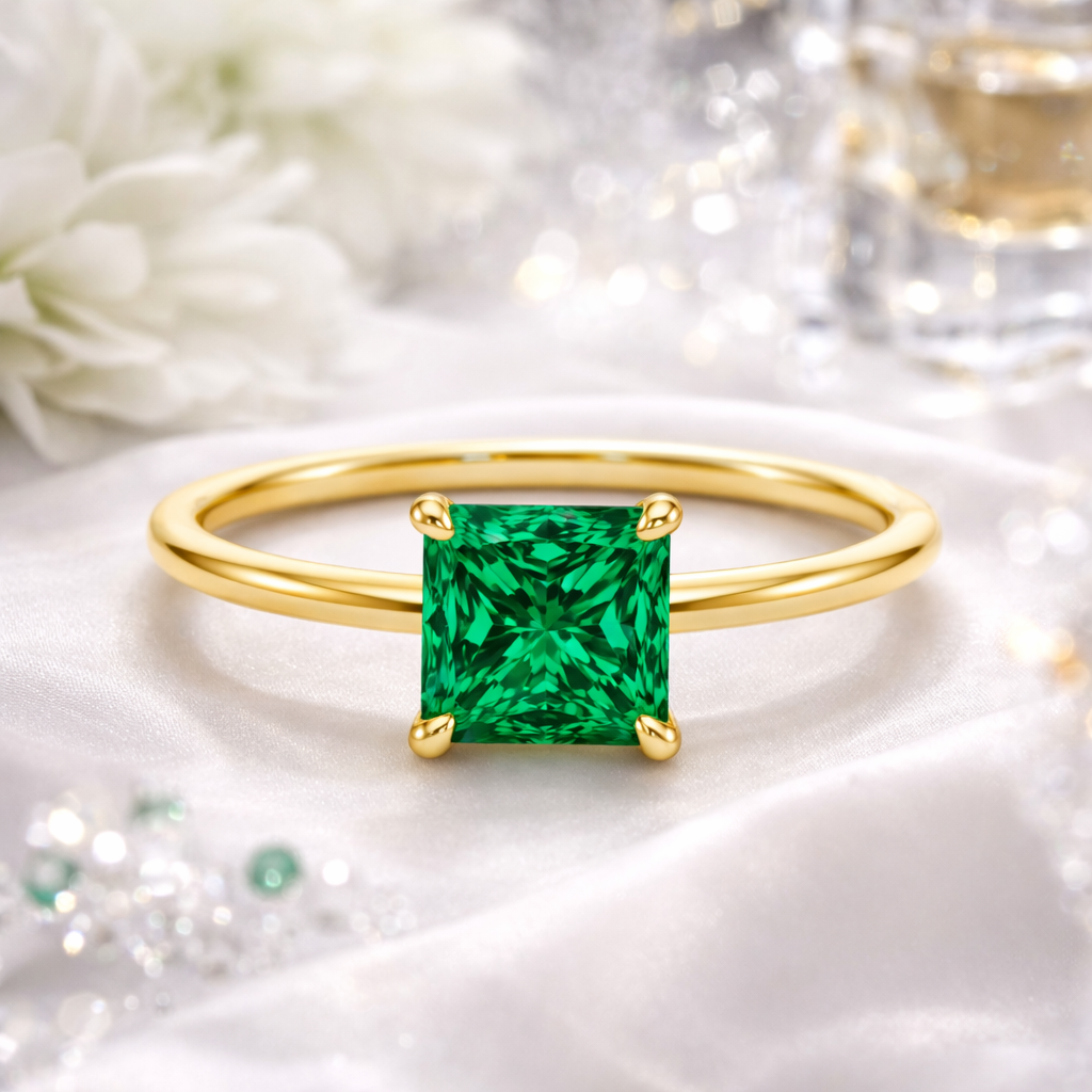 0.75 CT Emerald Solitaire Engagement Ring in 14K Solid Yellow Gold | 5mm Square Cut