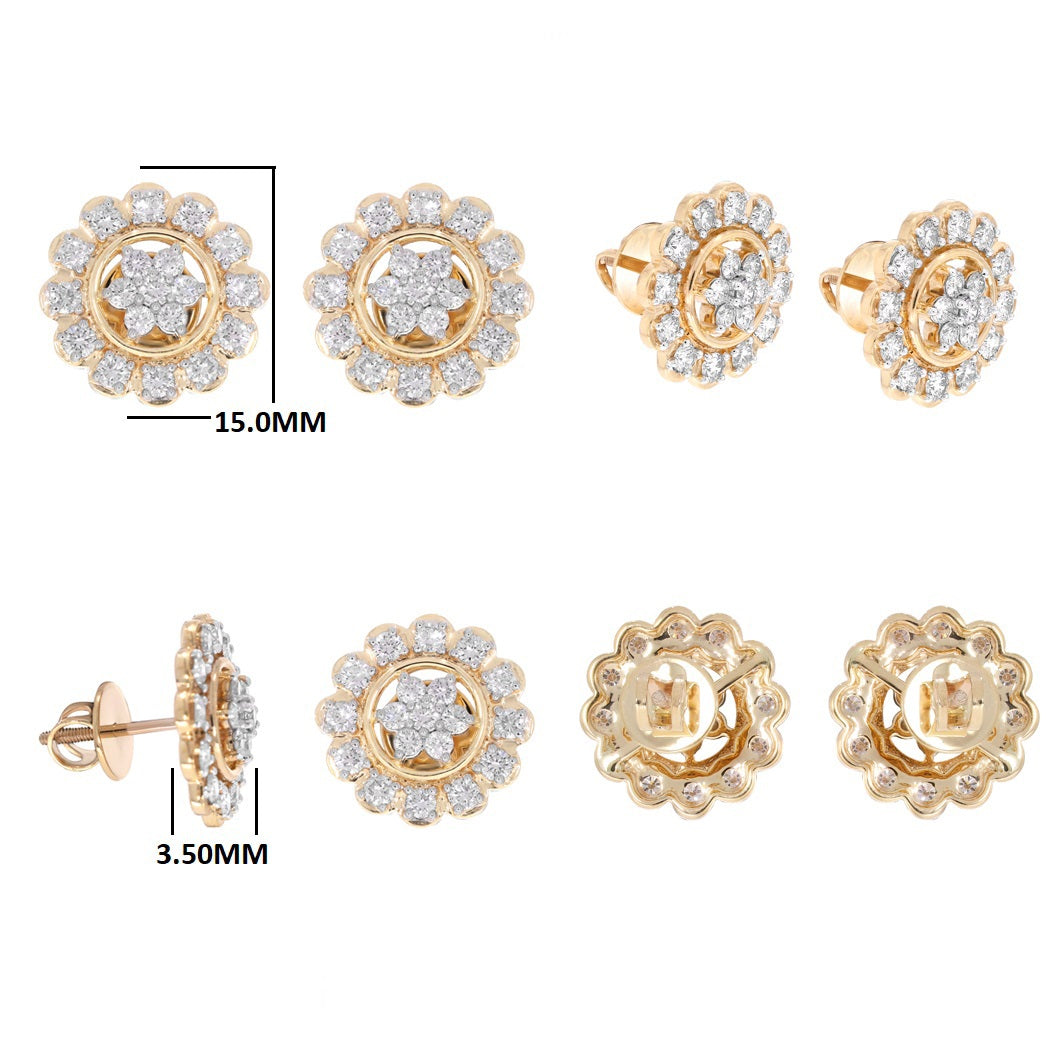 Halo Stud Earrings 1.50 Ct Natural Diamond 14K Yellow Gold Screw Back Women Jewelry