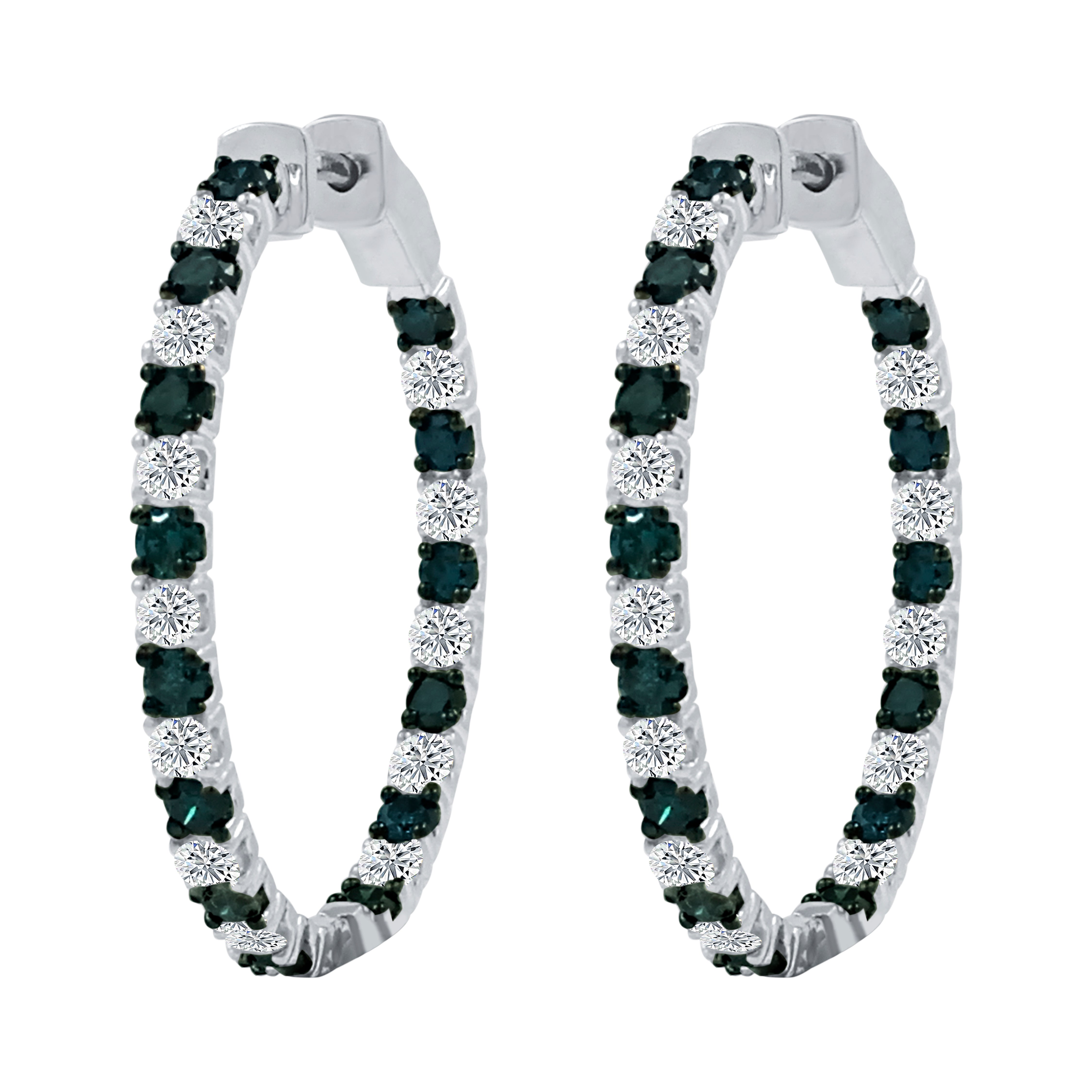 3.00 Ct Blue And White Diamond Oval Shape Hoop Earrings In 14K White Gold