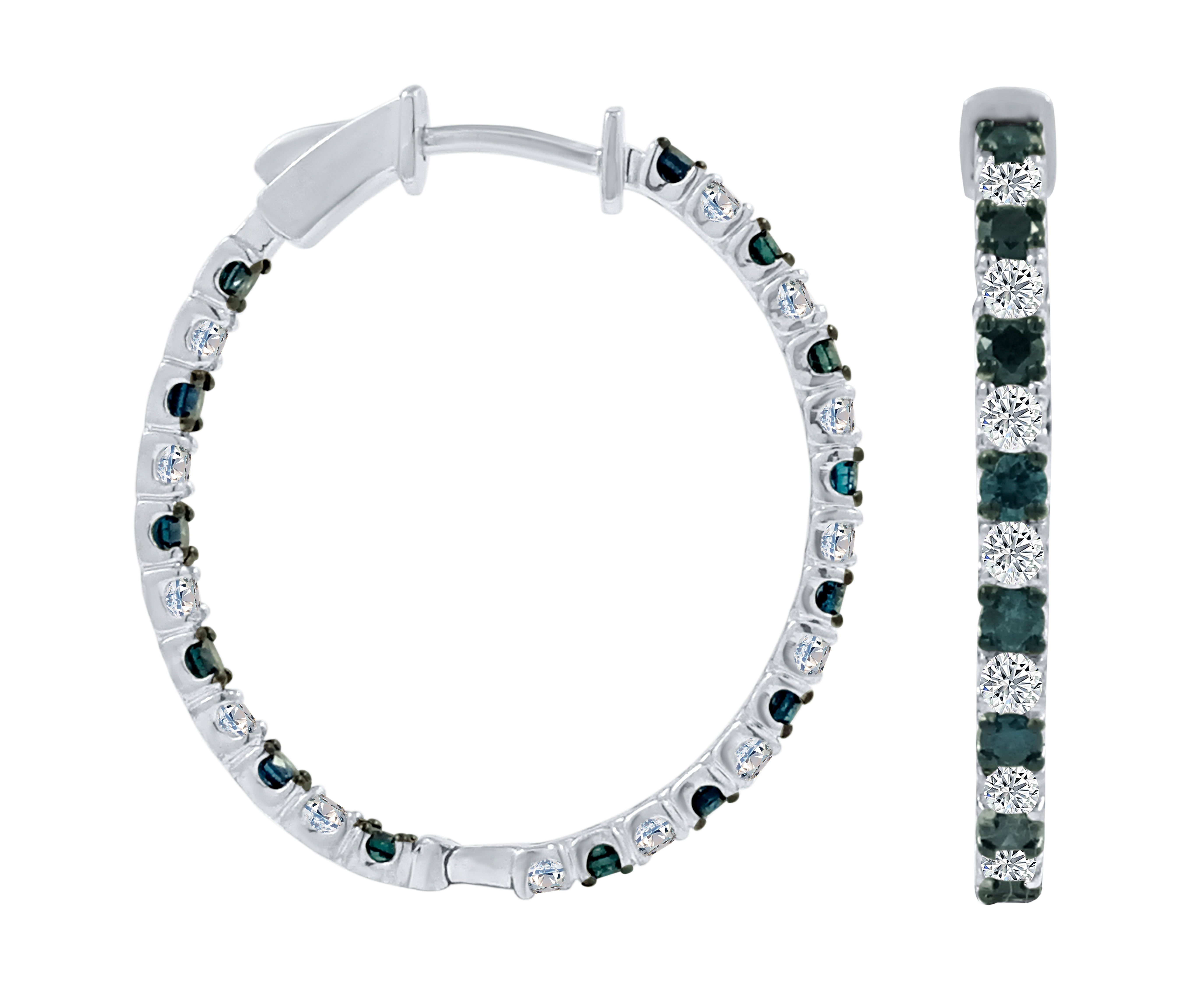 3.00 Ct Blue And White Diamond Oval Shape Hoop Earrings In 14K White Gold