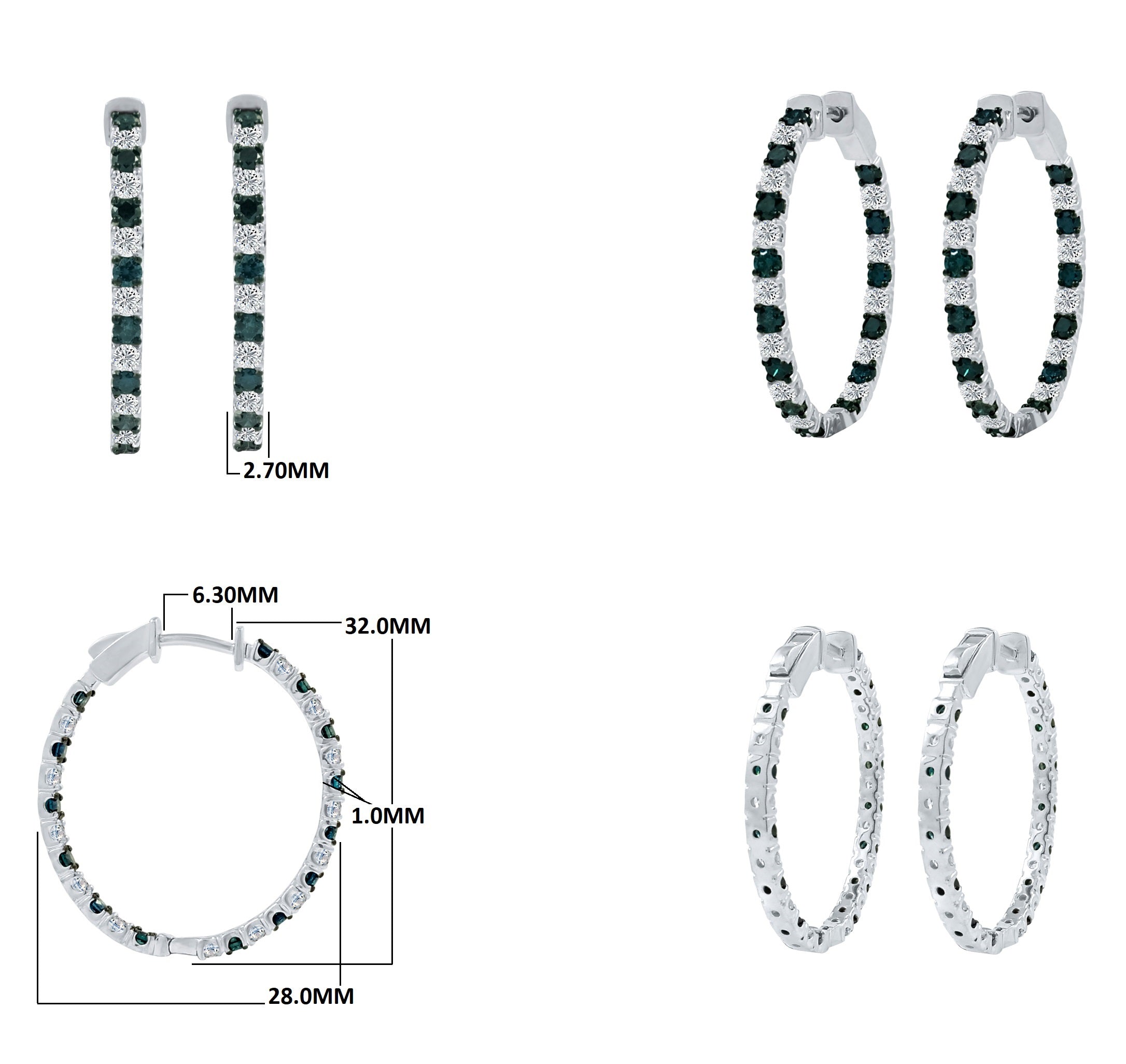 3.00 Ct Blue And White Diamond Oval Shape Hoop Earrings In 14K White Gold