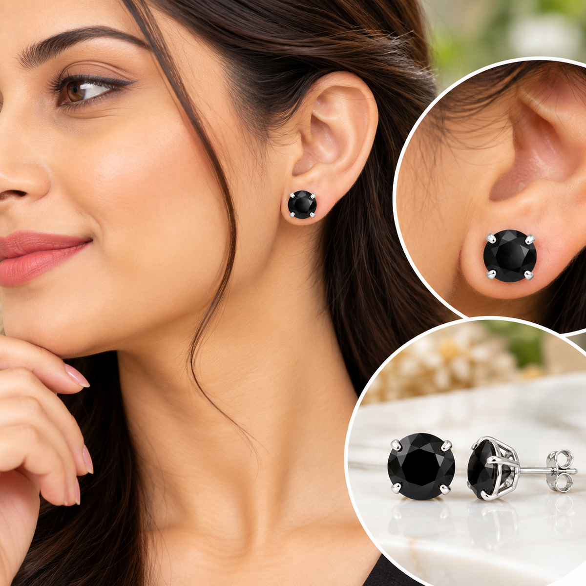 14K Gold GRA Certified D-VVS1 Round Black Moissanite Push Back Studs Earrings