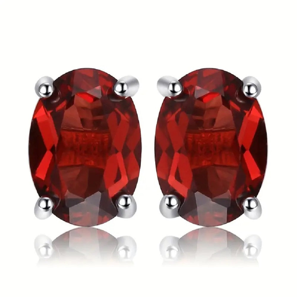 7x5mm Oval Natural Garnet Stud Earrings For Women 18K Gold Plated