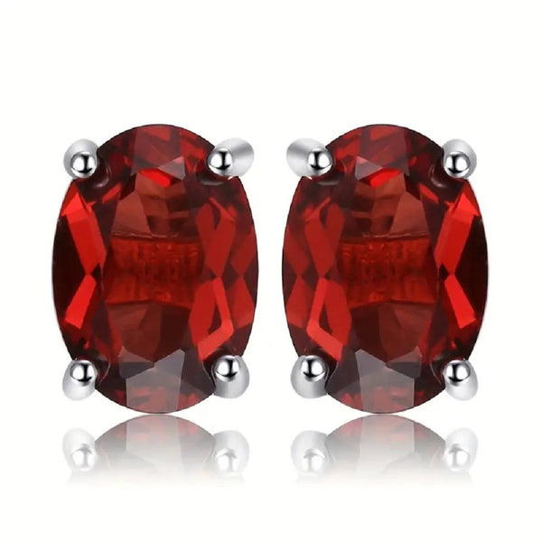 6x4mm Oval Natural Garnet Stud Earrings For Women 18k Gold Plated