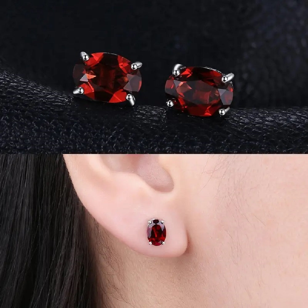 7x5mm Oval Natural Garnet Stud Earrings For Women 18K Gold Plated
