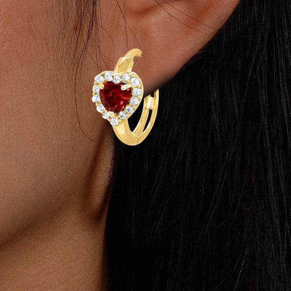 Heart-Shaped Gemstone and Round CZ Diamond Hoop Earrings in 14K Solid Yellow Gold
