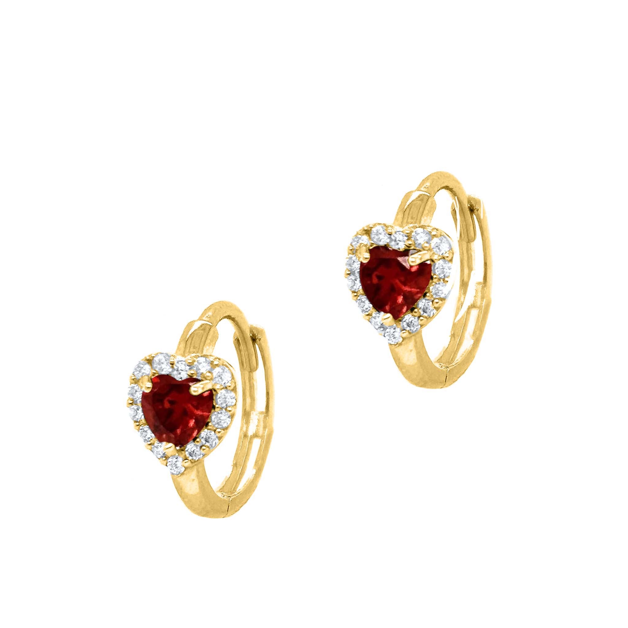 Heart-Shaped Gemstone and Round CZ Diamond Hoop Earrings in 14K Solid Yellow Gold