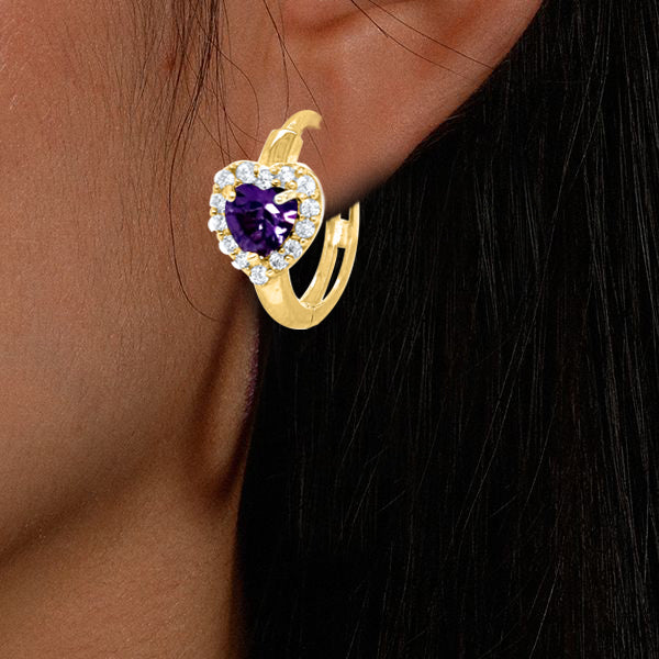 Heart-Shaped Gemstone and Round CZ Diamond Hoop Earrings in 14K Solid Yellow Gold