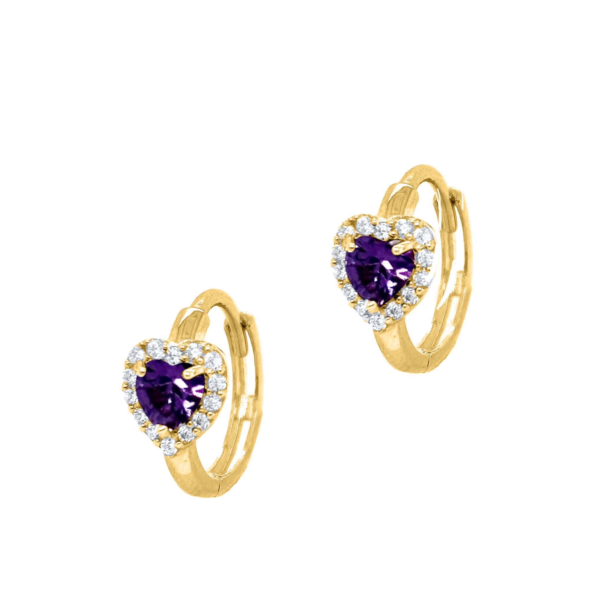Heart-Shaped Gemstone and Round CZ Diamond Hoop Earrings in 14K Solid Yellow Gold