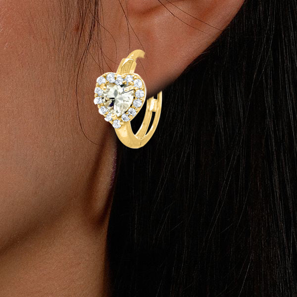 Heart-Shaped Gemstone and Round CZ Diamond Hoop Earrings in 14K Solid Yellow Gold