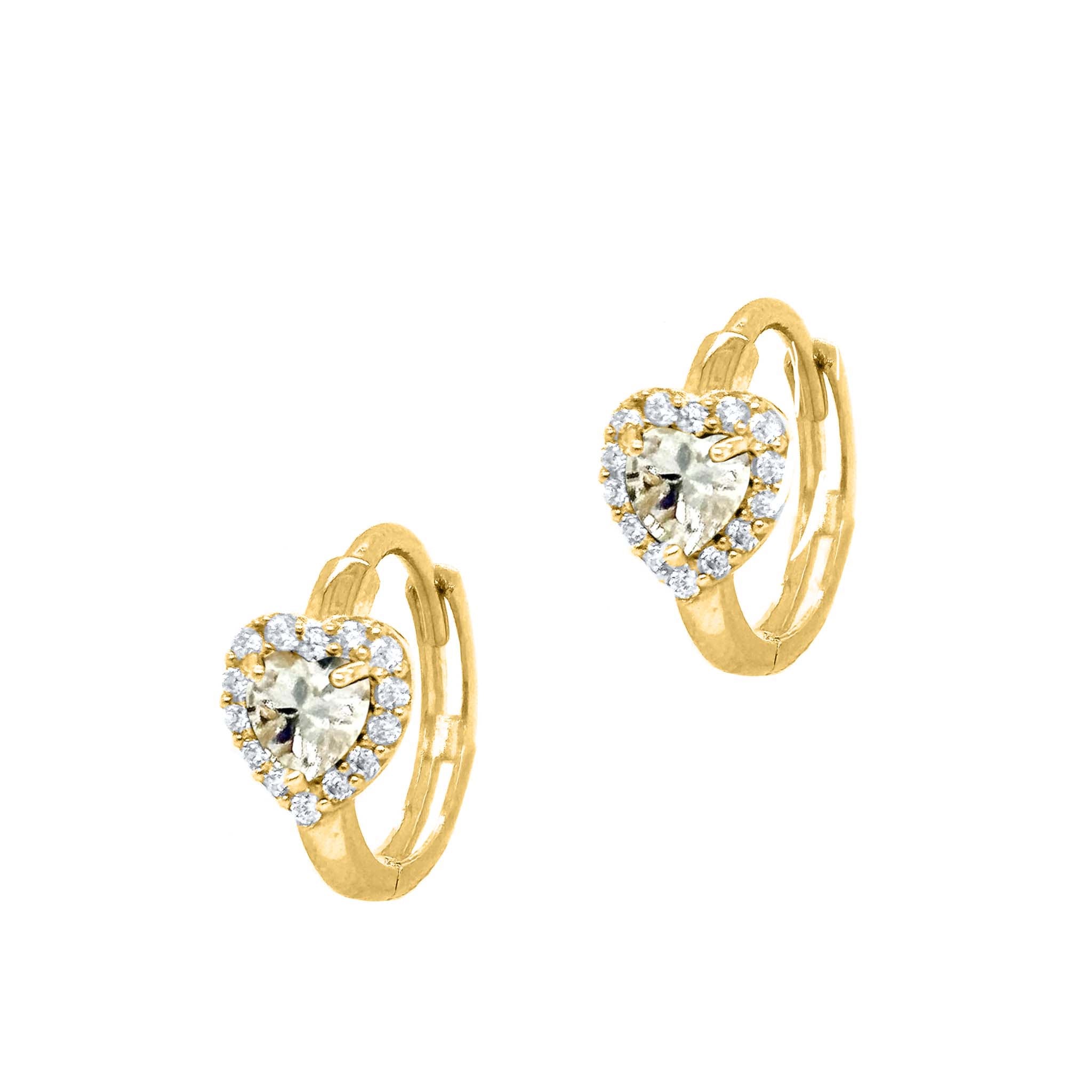Heart-Shaped Gemstone and Round CZ Diamond Hoop Earrings in 14K Solid Yellow Gold