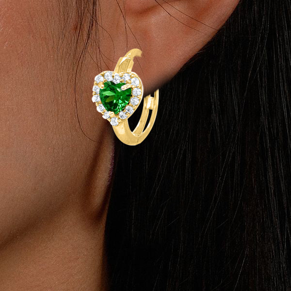 Heart-Shaped Gemstone and Round CZ Diamond Hoop Earrings in 14K Solid Yellow Gold