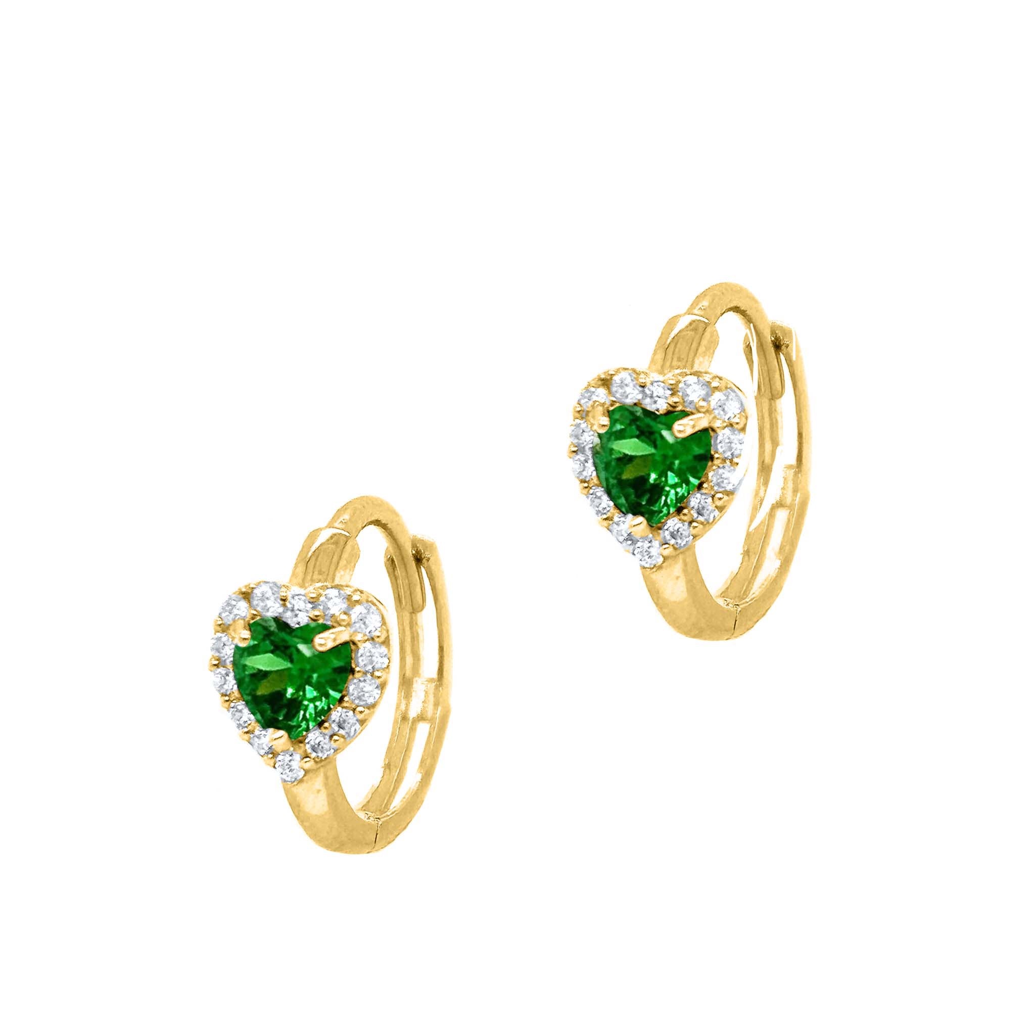 Heart-Shaped Gemstone and Round CZ Diamond Hoop Earrings in 14K Solid Yellow Gold