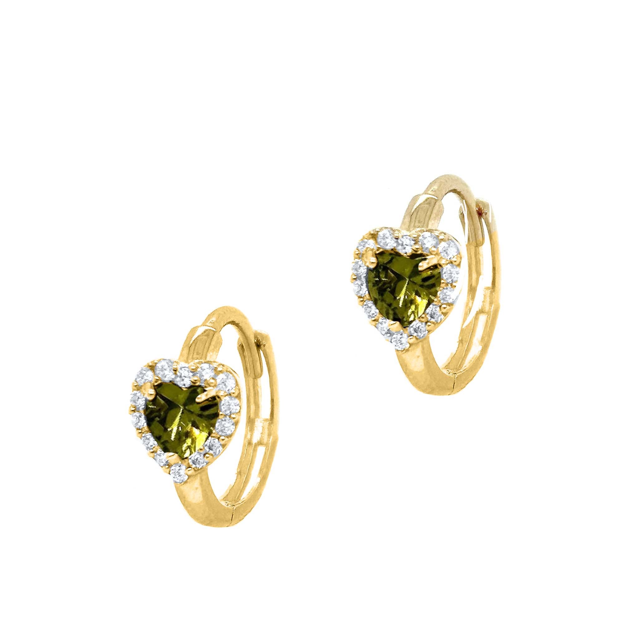 Heart-Shaped Gemstone and Round CZ Diamond Hoop Earrings in 14K Solid Yellow Gold