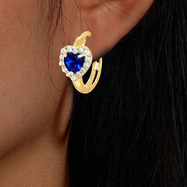 Heart-Shaped Gemstone and Round CZ Diamond Hoop Earrings in 14K Solid Yellow Gold