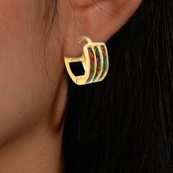 3-Row Opal Gemstone Hoop Earrings in 14K Yellow Gold