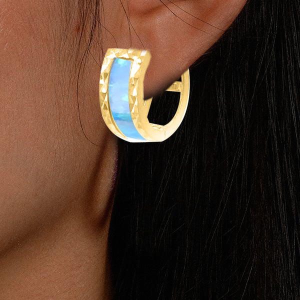 Opal Gemstone 14K Solid Yellow Gold Hoop Earrings for Women