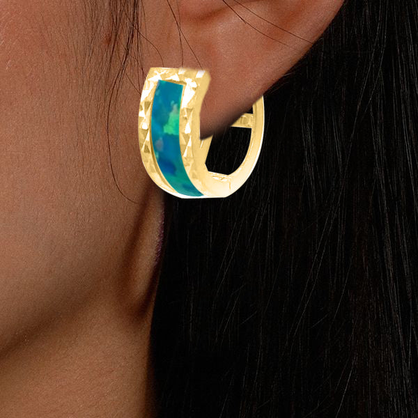 Opal Gemstone 14K Solid Yellow Gold Hoop Earrings for Women