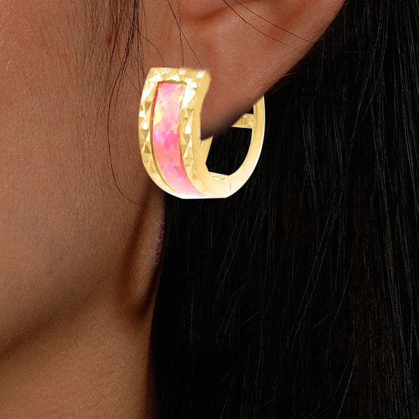 Opal Gemstone 14K Solid Yellow Gold Hoop Earrings for Women
