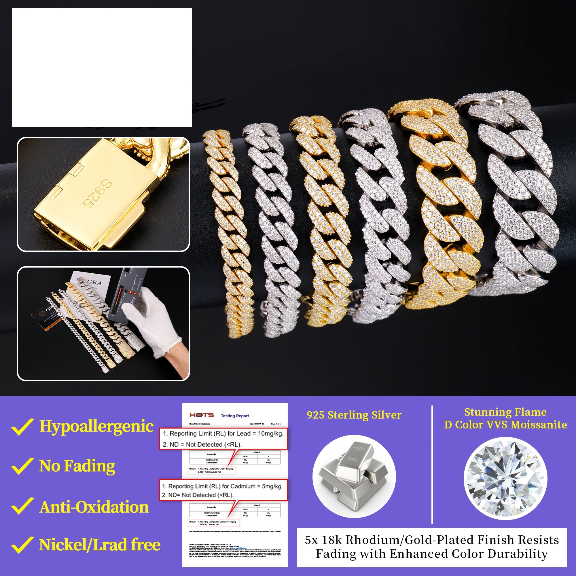 8mm Width Wholesale 925 Silver VVS Moissanite Chain Iced Out Hip Hop Cuban 8mm