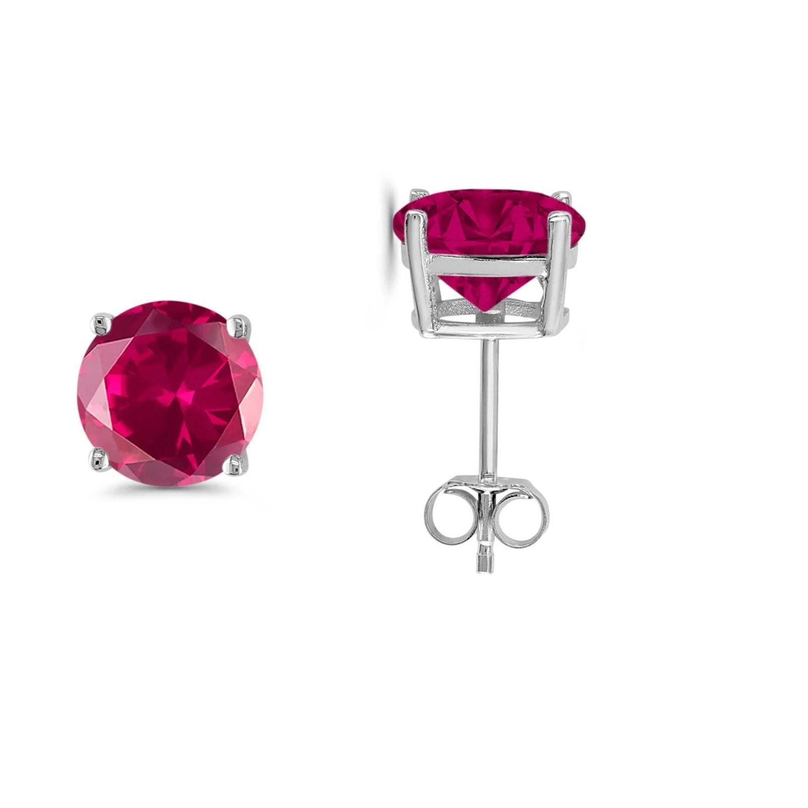 5/ 6/ 7 mm Round Ruby Gemstone Stud Earrings In 14K Solid White Gold With Backs